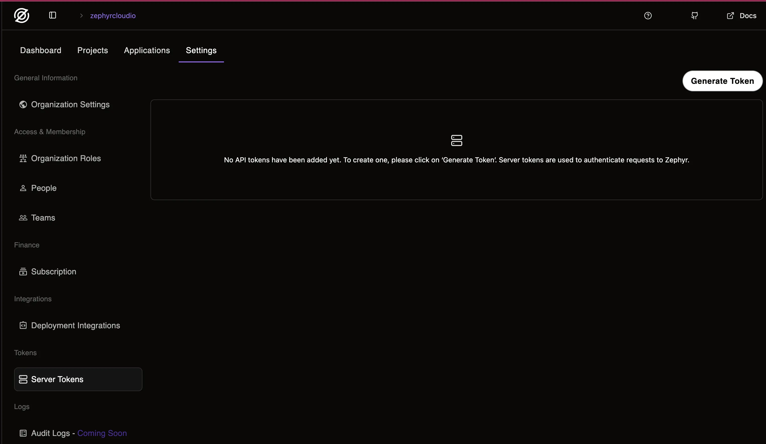 server token section screen